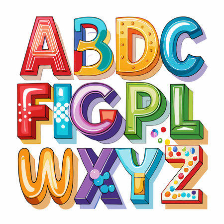 Colorful whimsical alphabet letters with different patterns and stylesのイラスト素材