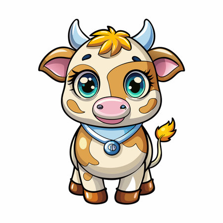 Cute, cartoon cow stands upright, sporting a light blue collar against a white backgroundのイラスト素材