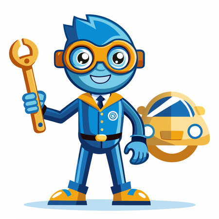Cartoon mechanic holding wrench with car, wearing orange goggles and boots, smilingのイラスト素材