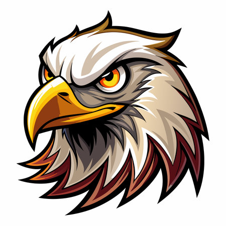 Cartoonish eagle head with detailed feathers, sharp eyes, and beak. Intense, stylizedのイラスト素材