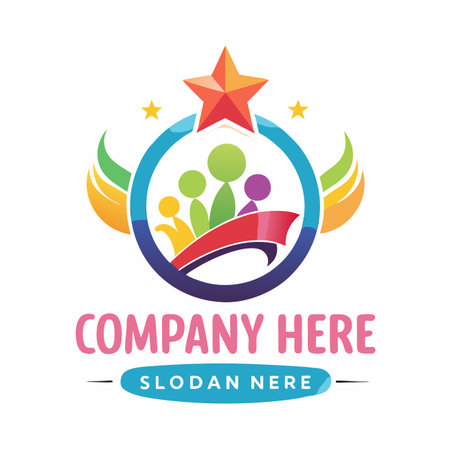 Diverse group within a colorful ring, wings, banner, and star above. Bright, cheerful designのイラスト素材