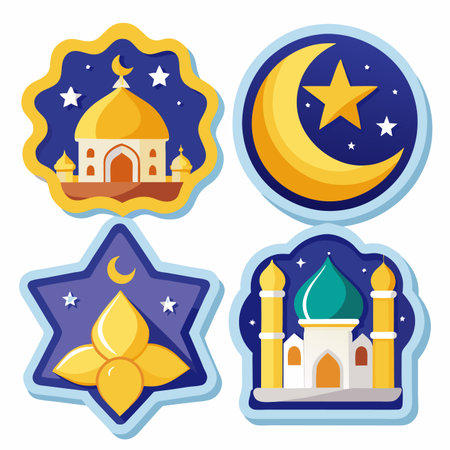 Islamic stickers mosque, crescent, star. Celebration, decorのイラスト素材