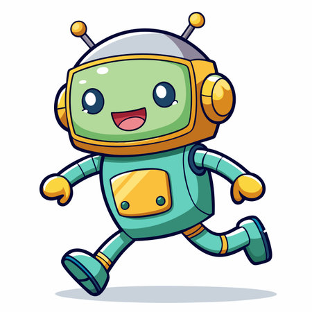 Cheerful cartoon robot with tv head running and smiling widelyのイラスト素材