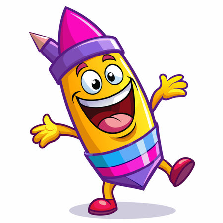 Cartoon pencil with pink hat, yellow body, and smiling faceのイラスト素材