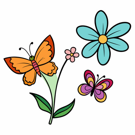 Colorful cartoon butterflies and flowers on a white background. Simple natureのイラスト素材
