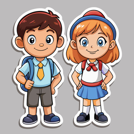 Two cartoon children, boy and girl, ready for school. Vector sticker styleのイラスト素材