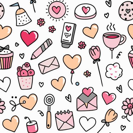 Cute, colorful pattern with hearts, flowers, and sweets on a white backgroundのイラスト素材