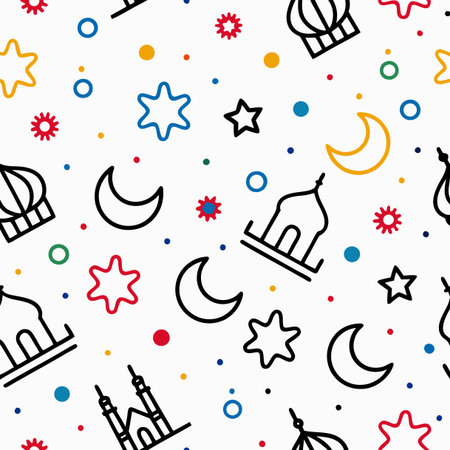 Festive pattern with mosques, crescent moons, and stars on a white background. Colorful dots scatteredのイラスト素材