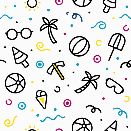 Beach themed pattern with palm trees, sun, and other tropical vacation icons on white backgroundのイラスト素材