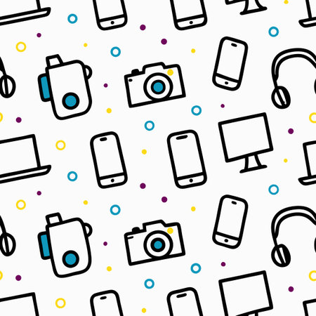 Tech icons. Seamless pattern with camera, phone, computer, laptop, headset
