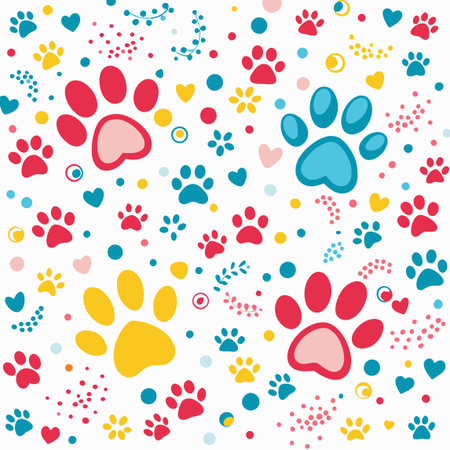 Colorful paw prints, hearts, dots, and plant sprigs pattern on a white backdropのイラスト素材