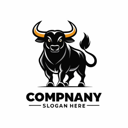 Powerful, stylized bull illustration with curved horns and muscular build, facing forwardのイラスト素材