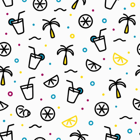 Summer vibes pattern with palm trees, drinks, waves, citrus, and colorful dots on a white background