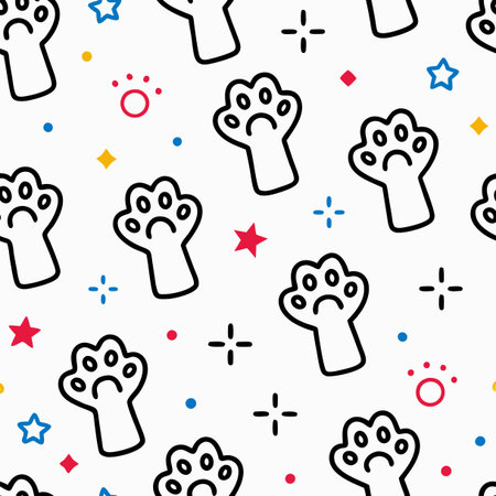 Paw prints and stars on a white background creating a seamless, vibrant patternのイラスト素材