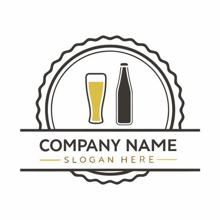 Bottle and glass emblem in a decorative circle. Company name and slogan text spaceのイラスト素材