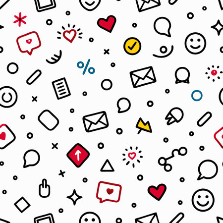 Fun doodles, social media icons, seamless pattern on white backgroundのイラスト素材