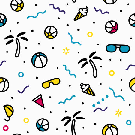 Fun summer pattern with beach balls, ice cream, palm trees and sunglasses