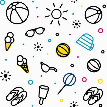 Summer icons beach balls, sun, ice cream, sunglasses, and flip-flops on white