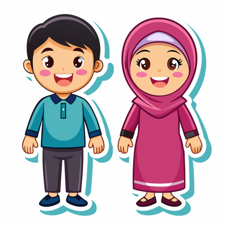 Cartoon boy and girl. He&#39;s in a blue shirt, gray pants. She wears a hijab and pink dressのイラスト素材