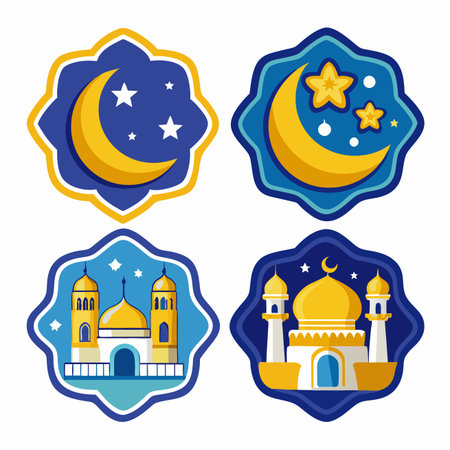 Religious stickers featuring crescent moons, stars, and stylized buildingsのイラスト素材