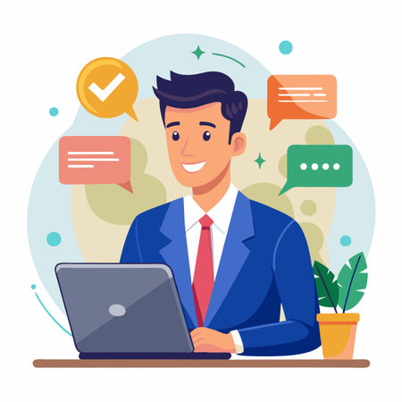Man in suit working on a laptop surrounded by chat bubblesのイラスト素材