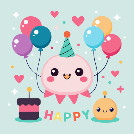 Kawaii birthday celebration with balloons, cake, and cute charactersのイラスト素材