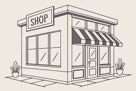 Line art drawing of a small shop building with awning and plants, on a sidewalkのイラスト素材