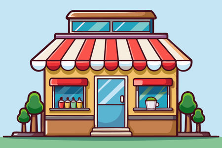 Colorful store with awning. Plants flank the entranceのイラスト素材