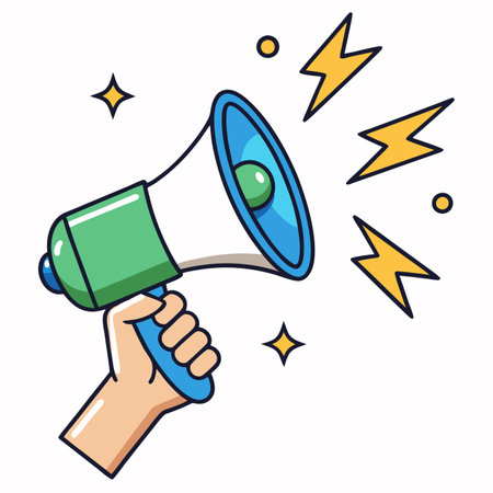 Hand holding megaphone with sound wavesのイラスト素材