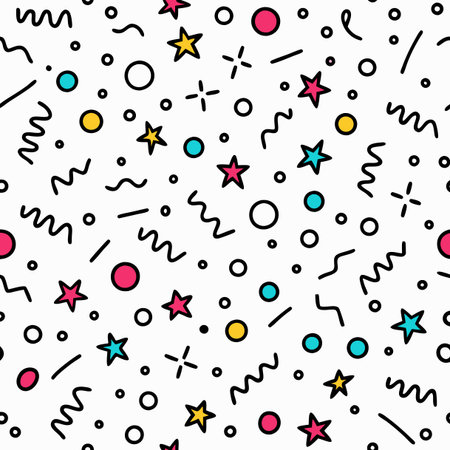 Fun pattern with shapes circles, stars, lines, zig-zags, spots in pink, cyan, yellow, and black on whiteのイラスト素材