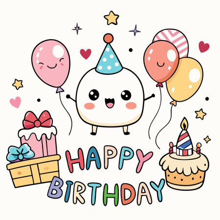 Happy Birthday celebration! Cute character, gifts, balloons, cake, festiveのイラスト素材