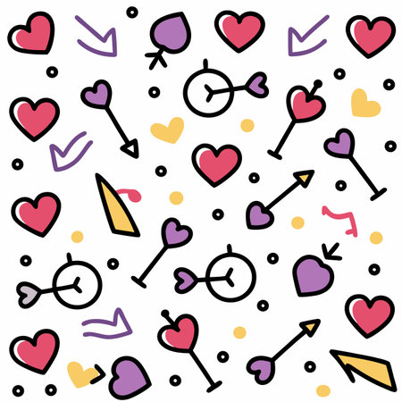Love and arrows hearts, arrows, and shapes create a playful and romantic pattern on whiteのイラスト素材