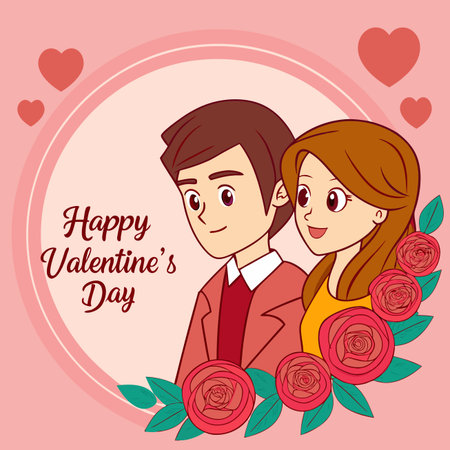 Couple surrounded by flowers, celebrating Valentine&#39;s Day, within a pink frame and heartsのイラスト素材