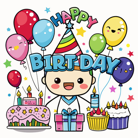 Cartoon birthday scene with cake, balloons, present, and smiling character wearing a party hatのイラスト素材