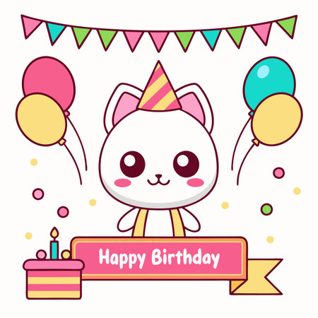 Kawaii kitty celebrates with balloons, a cake, and birthday banner. It&#39;s a celebration!のイラスト素材