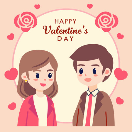 Valentine&#39;s Day Cartoon couple, hearts and roses festive design for holiday celebrationのイラスト素材