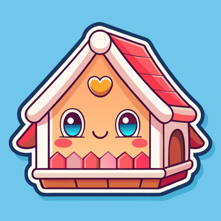 Cute cartoon house with a happy face and red roof on a blue backgroundのイラスト素材