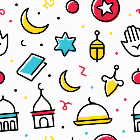Festive pattern crescents, stars, lanterns, and other colorful symbolsのイラスト素材