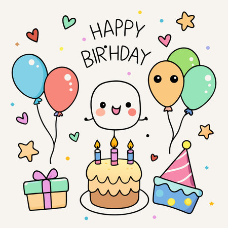 Birthday celebration doodle with balloons, cake, gifts, and a cute smiling face on a light backgroundのイラスト素材