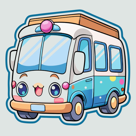 Cartoon van with a happy face, in a playful style with soft colors and cute expressionのイラスト素材