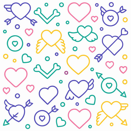 Heart icons. Love, arrow, wings, and circles in pink, yellow, teal, and purpleのイラスト素材