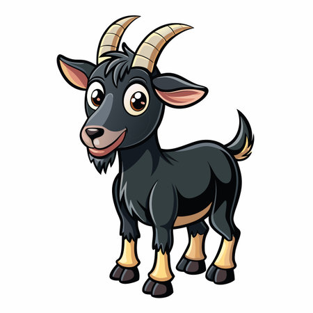 Cartoon goat stands smiling, dark coat with light horns and hoovesのイラスト素材