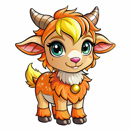 Cute, tan animal with horns and big eyes. Orange fur, gold accents, small tail, and pink noseのイラスト素材