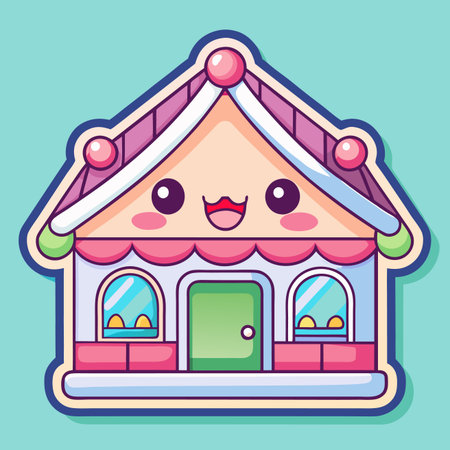 Cute house sticker with a smiling face, pink details, and a green doorのイラスト素材