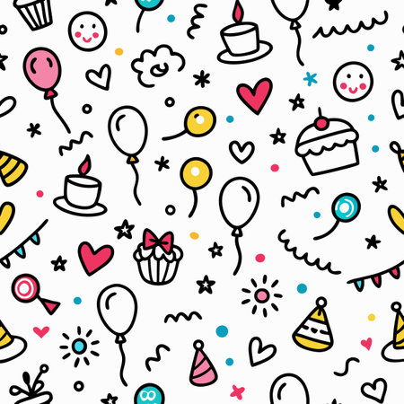 Festive repeat pattern with balloons, cakes, hearts, and party accessories on whiteのイラスト素材