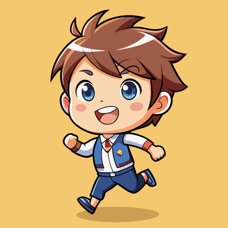 Cute chibi boy character running. Big eyes, brown hair, wearing blue uniform on yellow backgroundのイラスト素材