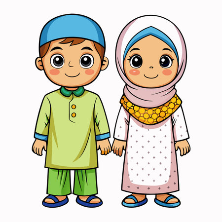 Cartoon illustration of a boy and girl in traditional Islamic clothingのイラスト素材