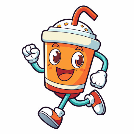 Cartoon drink. Joyful cup character running with a straw on white backgroundのイラスト素材