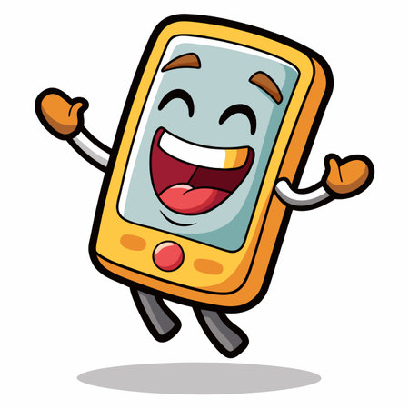 Happy cartoon smartphone jumping, with arms, legs, and smiling faceのイラスト素材