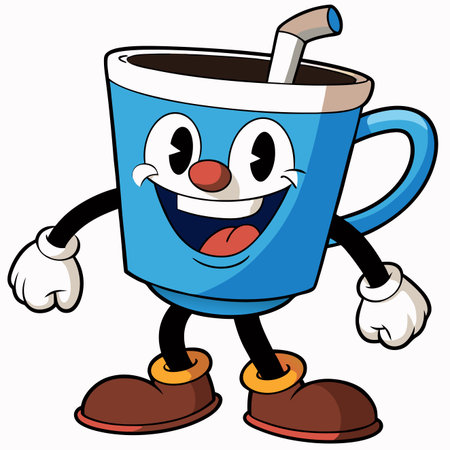 Animated blue cup character with a straw and happy face, standing cheerfullyのイラスト素材